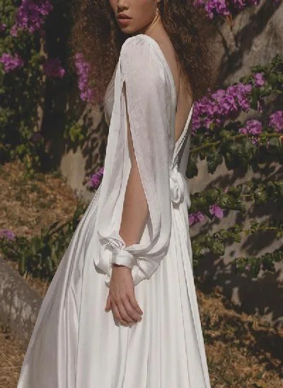 A-Line V-Neck Long Sleeves Floor-Length Silk Like Satin Wedding Dresses