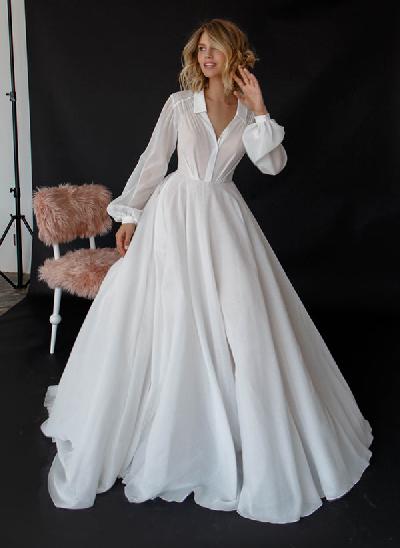 Ball-Gown Long Sleeves Court Train Wedding Dresses With Split Front