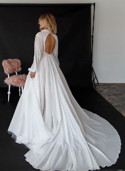 Ball-Gown Long Sleeves Court Train Wedding Dresses With Split Front