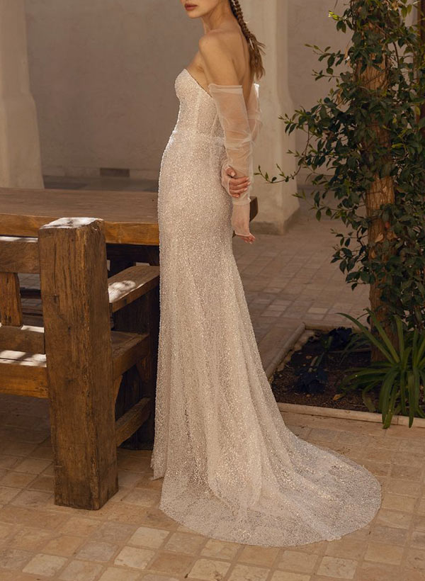 Sequin Sheath Off-The-Shoulder Sleeveless Sweep Train Wedding Dresses With Split Front