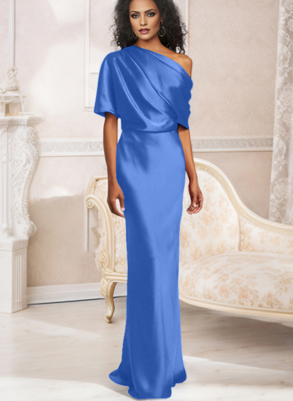 Sheath/Column One-Shoulder Short Sleeves Floor-Length Satin Bridesmaid Dresses
