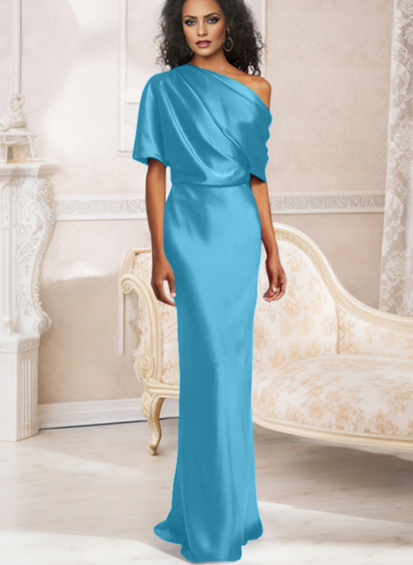 Sheath/Column Asymmetrical Neck Short Sleeves Bridesmaid Dresses