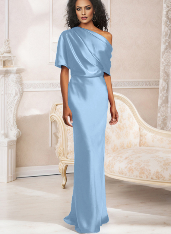 Sheath/Column Asymmetrical Neck Short Sleeves Bridesmaid Dresses