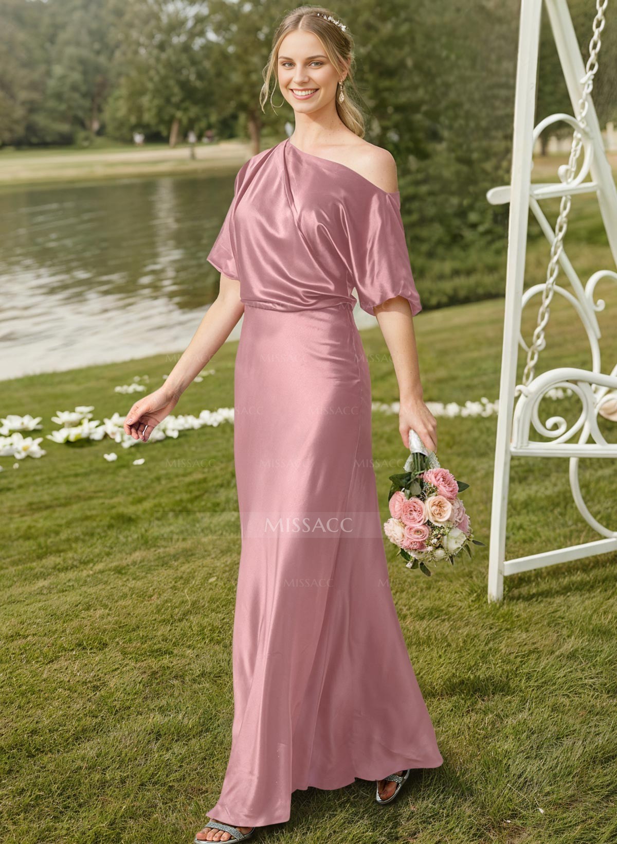 Sheath/Column Asymmetrical Neck Short Sleeves Bridesmaid Dresses