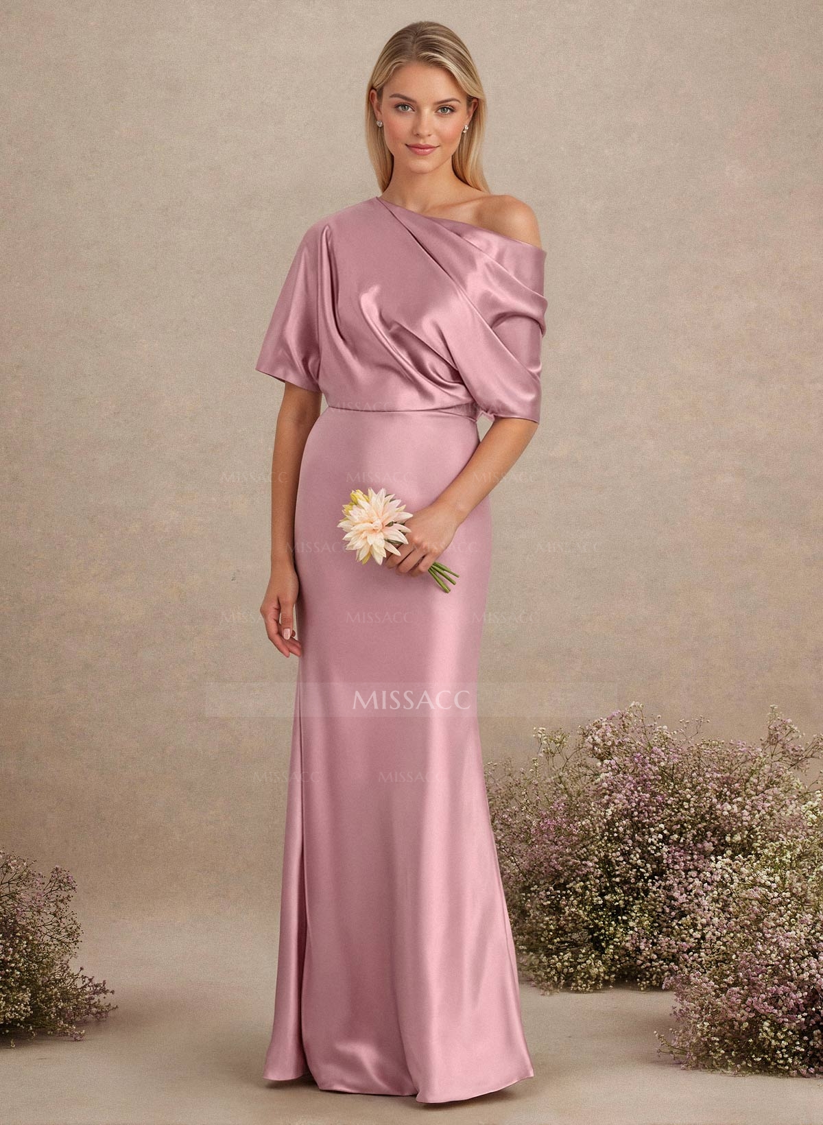 Sheath/Column Asymmetrical Neck Short Sleeves Bridesmaid Dresses