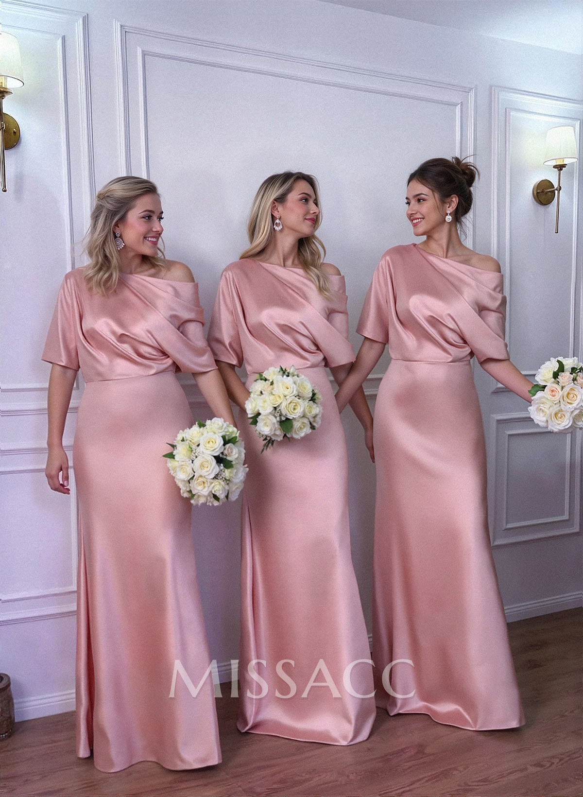Sheath/Column Asymmetrical Neck Short Sleeves Bridesmaid Dresses