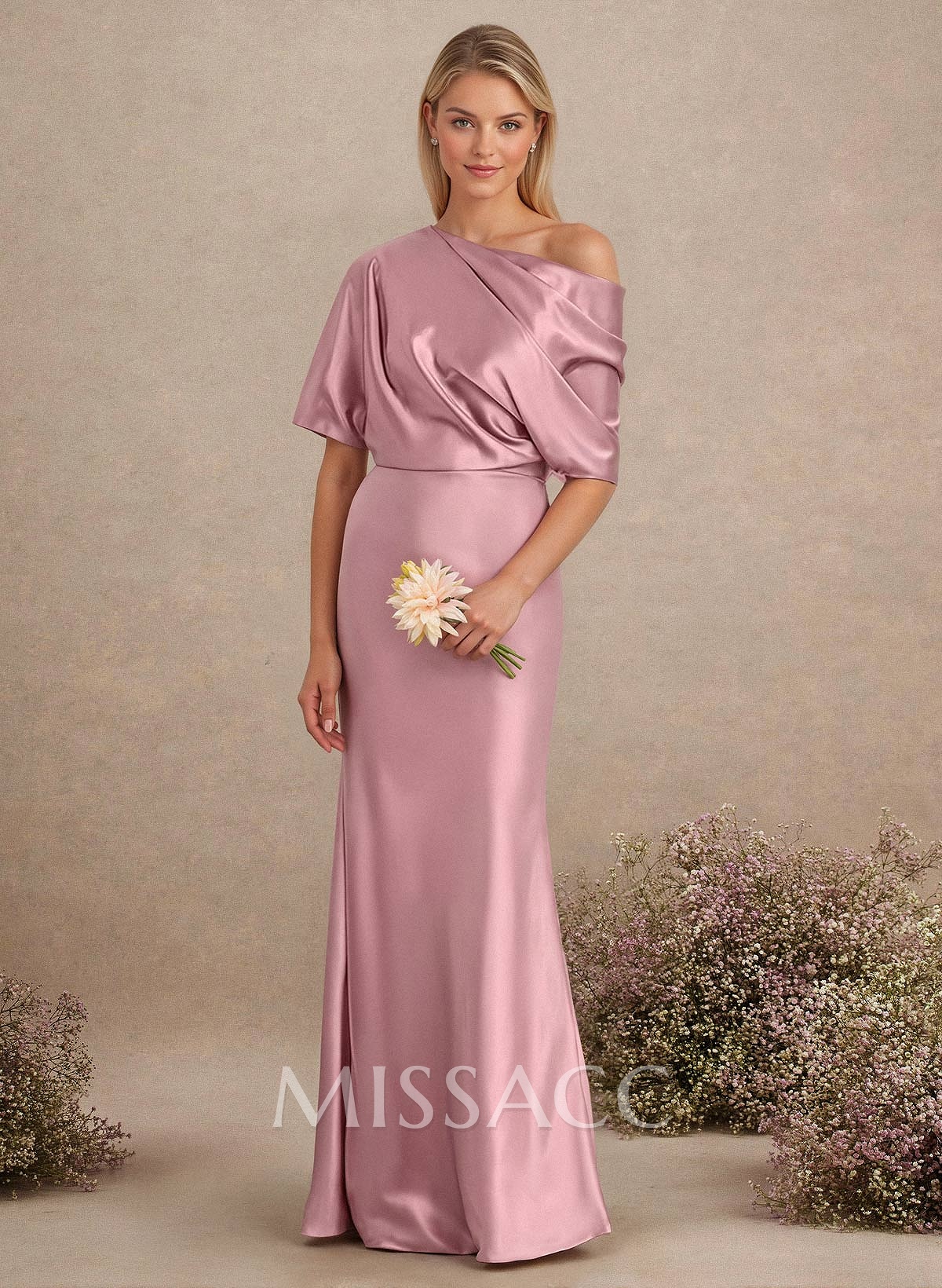 Sheath/Column Asymmetrical Neck Short Sleeves Bridesmaid Dresses
