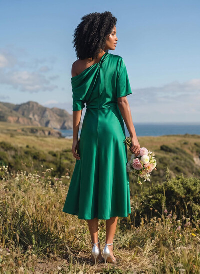 A-Line One-Shoulder Sleeveless Tea-Length Stretch Satin Knit Bridesmaid Dresses