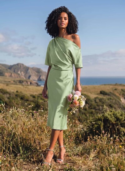 A-Line One-Shoulder Sleeveless Tea-Length Stretch Satin Knit Bridesmaid Dresses