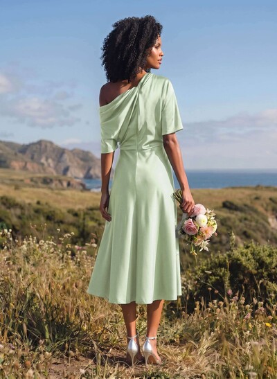A-Line One-Shoulder Sleeveless Tea-Length Stretch Satin Knit Bridesmaid Dresses