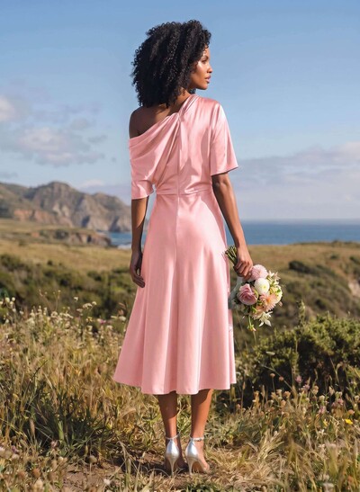 A-Line One-Shoulder Sleeveless Tea-Length Stretch Satin Knit Bridesmaid Dresses
