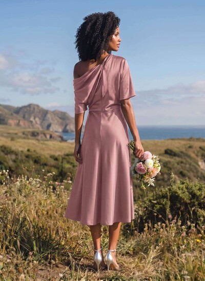 A-Line One-Shoulder Sleeveless Tea-Length Stretch Satin Knit Bridesmaid Dresses