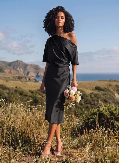 A-Line One-Shoulder Sleeveless Tea-Length Stretch Satin Knit Bridesmaid Dresses