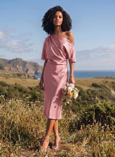A-Line One-Shoulder Sleeveless Tea-Length Stretch Satin Knit Bridesmaid Dresses
