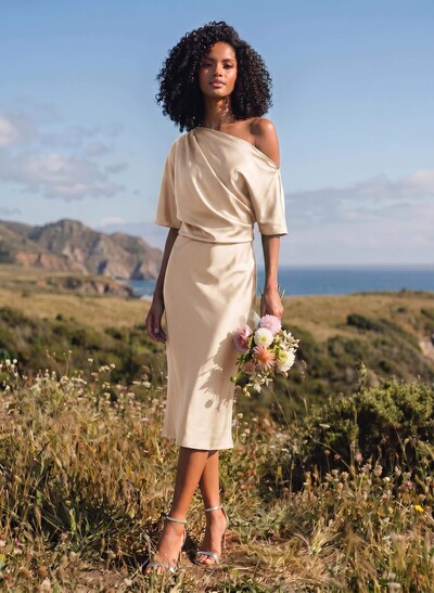 A-Line One-Shoulder Sleeveless Tea-Length Stretch Satin Knit Bridesmaid Dresses
