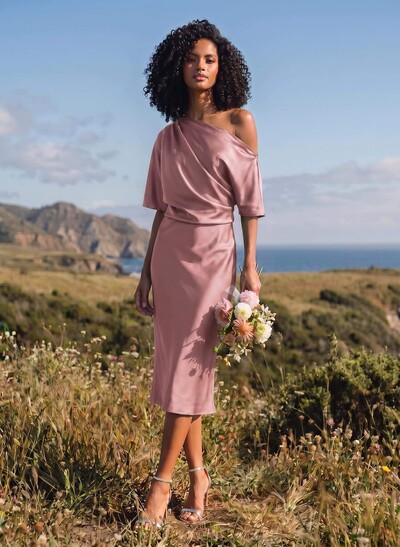 A-Line One-Shoulder Sleeveless Tea-Length Stretch Satin Knit Bridesmaid Dresses