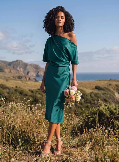 A-Line One-Shoulder Sleeveless Tea-Length Stretch Satin Knit Bridesmaid Dresses
