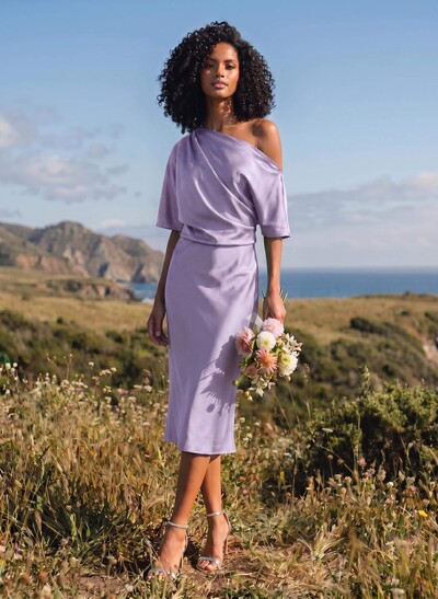 A-Line One-Shoulder Sleeveless Tea-Length Stretch Satin Knit Bridesmaid Dresses