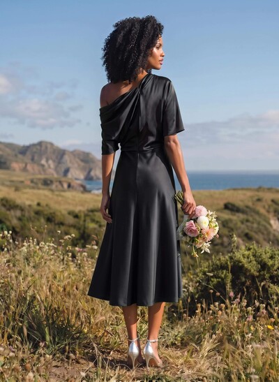 A-Line One-Shoulder Sleeveless Tea-Length Stretch Satin Knit Bridesmaid Dresses