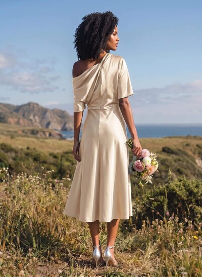 A-Line One-Shoulder Sleeveless Tea-Length Stretch Satin Knit Bridesmaid Dresses