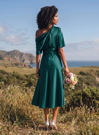 A-Line One-Shoulder Sleeveless Tea-Length Stretch Satin Knit Bridesmaid Dresses
