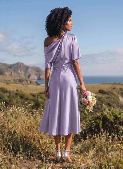 A-Line One-Shoulder Sleeveless Tea-Length Stretch Satin Knit Bridesmaid Dresses