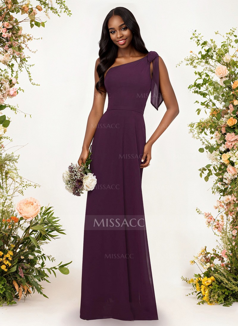 A-Line One-Shoulder Sleeveless Floor-Length Chiffon Bridesmaid Dresses