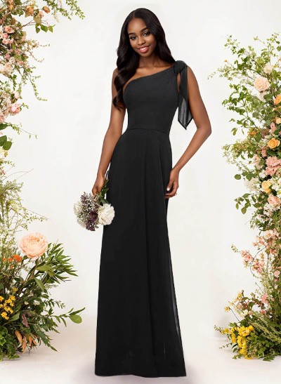 A-Line One-Shoulder Sleeveless Floor-Length Chiffon Bridesmaid Dresses