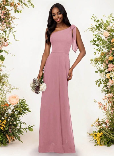 A-Line One-Shoulder Sleeveless Floor-Length Chiffon Bridesmaid Dresses