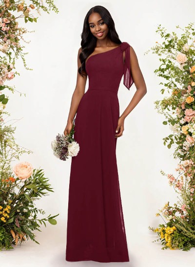 A-Line One-Shoulder Sleeveless Floor-Length Chiffon Bridesmaid Dresses