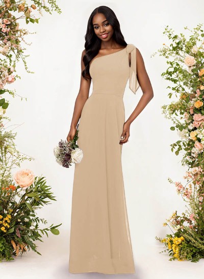 A-Line One-Shoulder Sleeveless Floor-Length Chiffon Bridesmaid Dresses