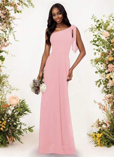 A-Line One-Shoulder Sleeveless Floor-Length Chiffon Bridesmaid Dresses