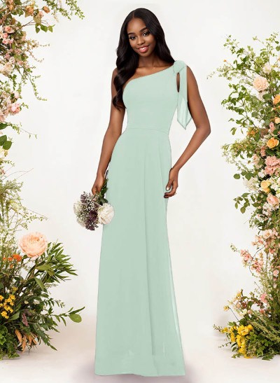A-Line One-Shoulder Sleeveless Floor-Length Chiffon Bridesmaid Dresses