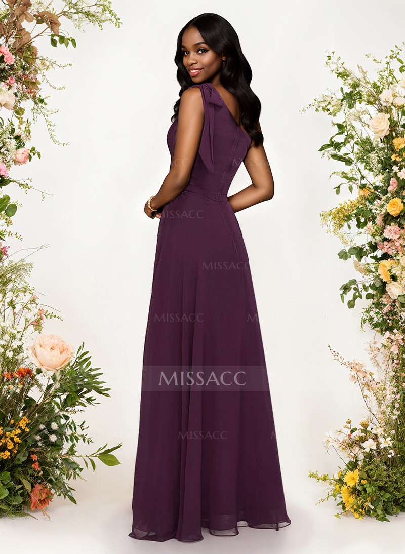 A-Line One-Shoulder Sleeveless Floor-Length Chiffon Bridesmaid Dresses