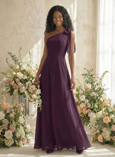A-Line One-Shoulder Sleeveless Floor-Length Chiffon Bridesmaid Dresses