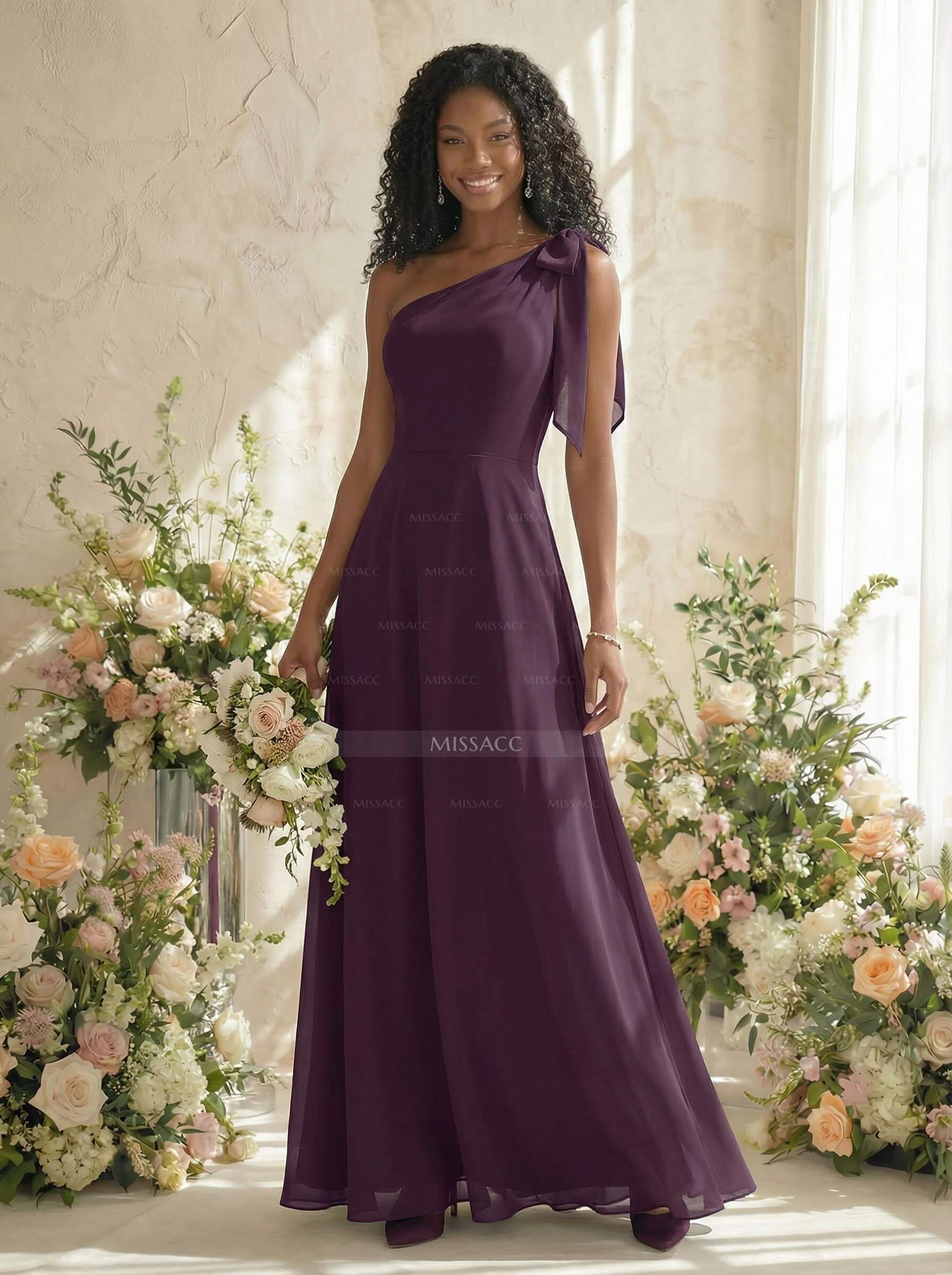 A-Line One-Shoulder Sleeveless Floor-Length Chiffon Bridesmaid Dresses