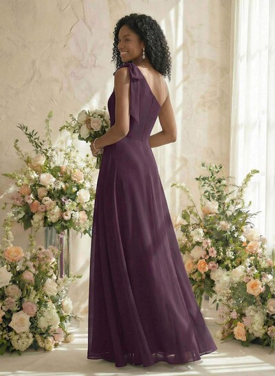 A-Line One-Shoulder Sleeveless Floor-Length Chiffon Bridesmaid Dresses