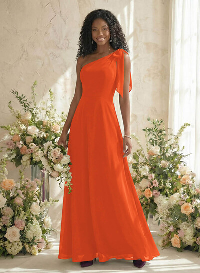 A-Line One-Shoulder Sleeveless Floor-Length Chiffon Bridesmaid Dresses