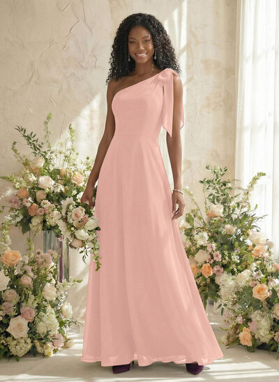 A-Line One-Shoulder Sleeveless Floor-Length Chiffon Bridesmaid Dresses