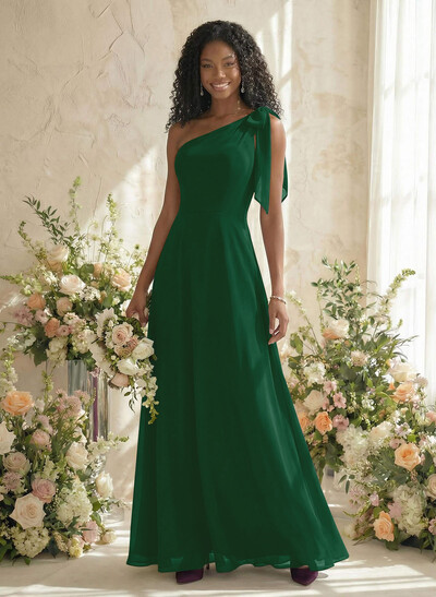 A-Line One-Shoulder Sleeveless Floor-Length Chiffon Bridesmaid Dresses
