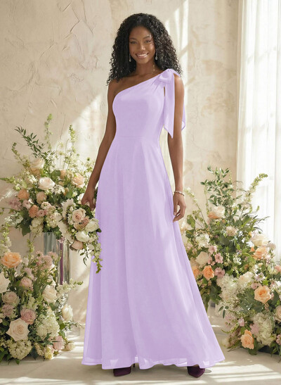 A-Line One-Shoulder Sleeveless Floor-Length Chiffon Bridesmaid Dresses