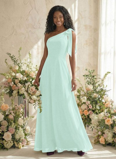 A-Line One-Shoulder Sleeveless Floor-Length Chiffon Bridesmaid Dresses