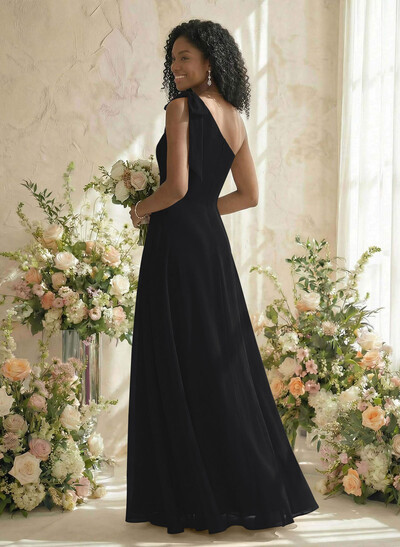A-Line One-Shoulder Sleeveless Floor-Length Chiffon Bridesmaid Dresses