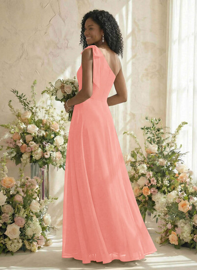 A-Line One-Shoulder Sleeveless Floor-Length Chiffon Bridesmaid Dresses