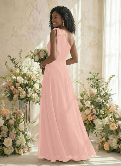 A-Line One-Shoulder Sleeveless Floor-Length Chiffon Bridesmaid Dresses