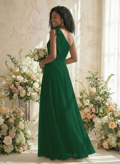 A-Line One-Shoulder Sleeveless Floor-Length Chiffon Bridesmaid Dresses