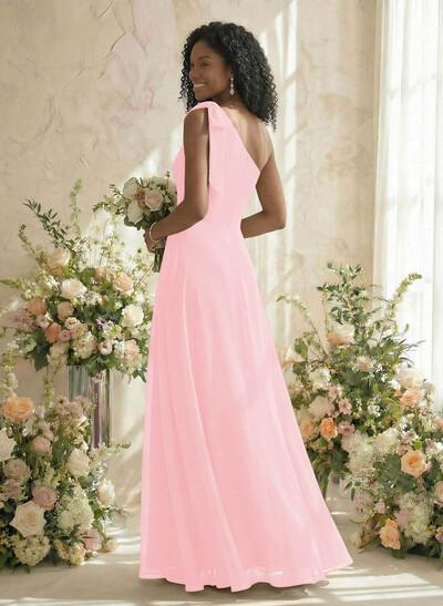 A-Line One-Shoulder Sleeveless Floor-Length Chiffon Bridesmaid Dresses