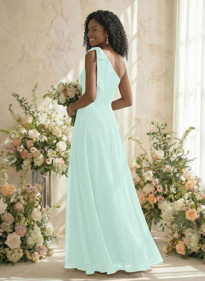 A-Line One-Shoulder Sleeveless Floor-Length Chiffon Bridesmaid Dresses