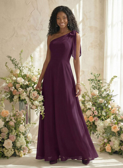 A-Line One-Shoulder Sleeveless Floor-Length Chiffon Bridesmaid Dresses