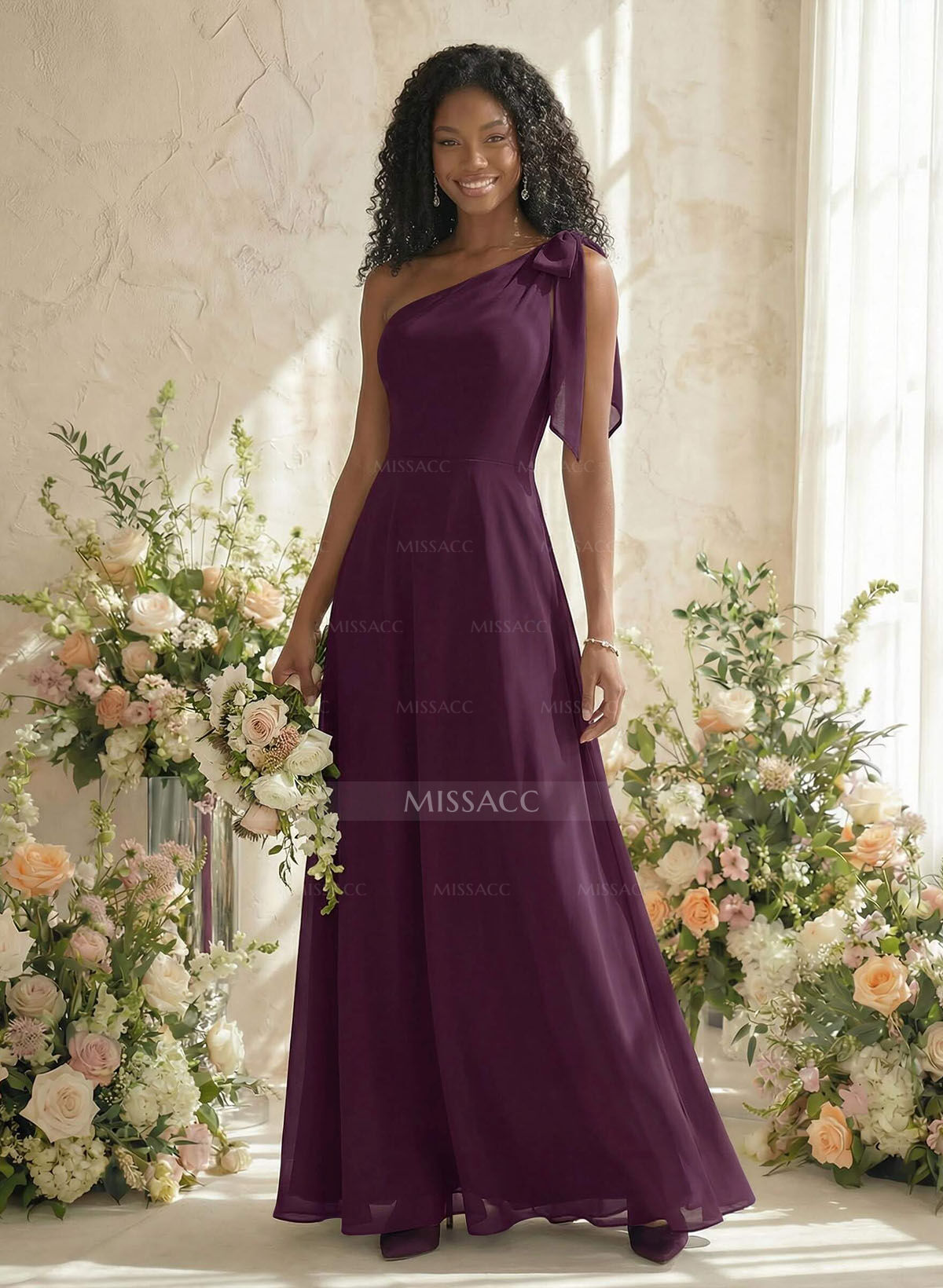 A-Line One-Shoulder Sleeveless Floor-Length Chiffon Bridesmaid Dresses